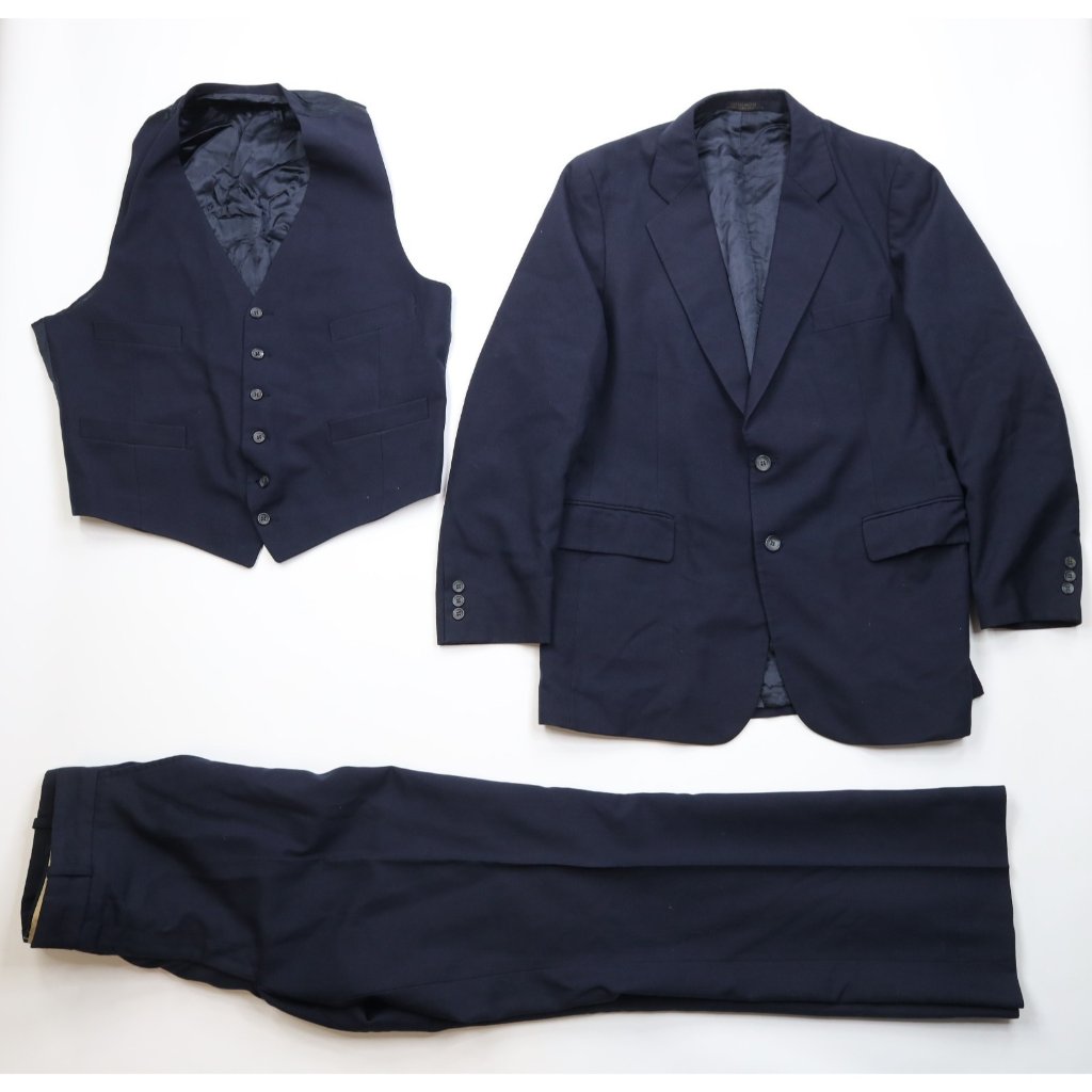 Vtg 70s Mens 44l Heavy Wool 3 Piece Suit Wedding Bell Bottoms Navy Blue 36x34